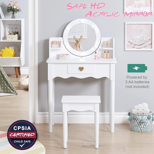 UTEX Kids Vanity, Girls Vanity Set with Mirror and Stool and Lights, Kids Vanity Table and Chair Set,Wooden Princess Makeup Desk Dressing Table, White - style: Golden Heart with LED Blubs
