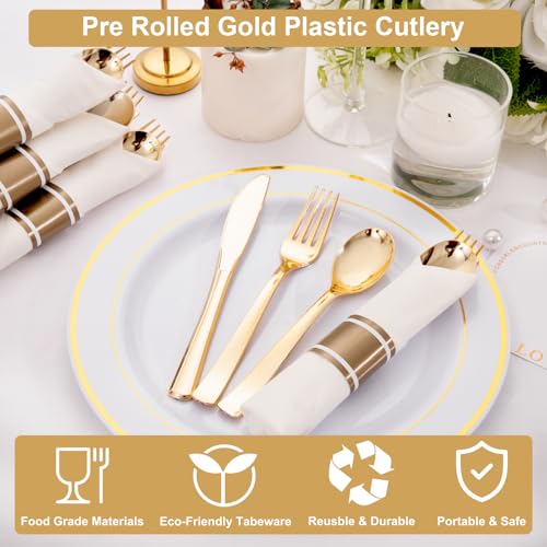50Guests Pre Rolled Gold Plastic Silverware Sets - Heavy Duty Gold Cutlery - Include 50 Pack Wrapped Disposable Utensils with Napkins for Parties, Dinners & Weddings - color: 50Pack - Gold