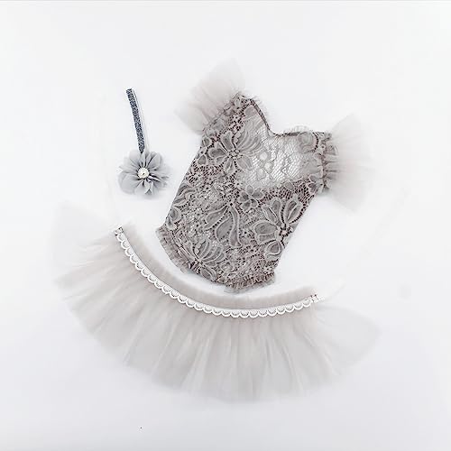 Baby Photography Props Outfit Lace Rompers Newborn Girl Photo Shoot Outfits Flower Headband Princess Costume - color: Grey B