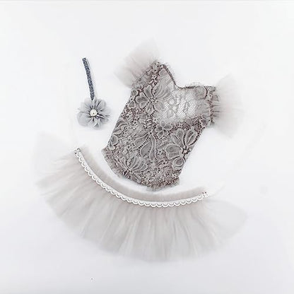 Baby Photography Props Outfit Lace Rompers Newborn Girl Photo Shoot Outfits Flower Headband Princess Costume - color: Grey B