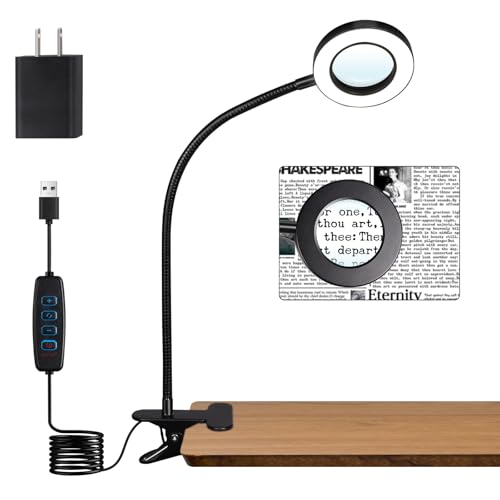 Woputne 5X Magnifying Glass Desk Clip Lamp, 10 Brightness, 3 Color Modes, 5V/2A Adapter Included – Clamp Light for Reading, Crafting, Close Work (Black) - color: Black, size: 5X Magnifier