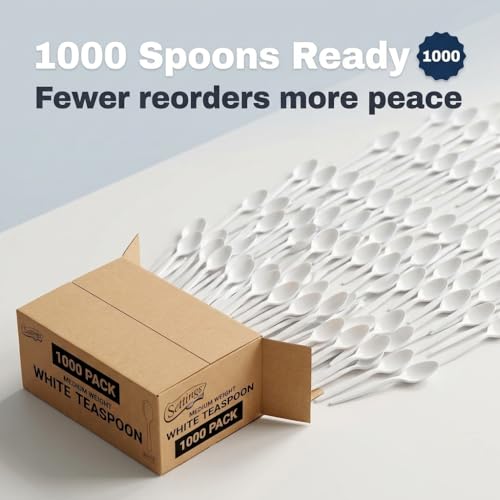 1000 Count Medium Weight White Plastic Teaspoons Bulk Plastic Silverware For Parties, Weddings, Catering, Take out Single-Use Tea Spoon - size: 1 Case Teaspoons (1000)