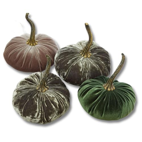 Your Heart's Content Set of 4 Small Velvet Pumpkins, Handmade Home Decor, Holiday Mantle Decor, Fall Halloween Thanksgiving Centerpiece, Rustic Fall Wedding Centerpiece (2 Luxe Moss, Olive, Taupe) - color: 2 Luxe Moss, Olive, Taupe