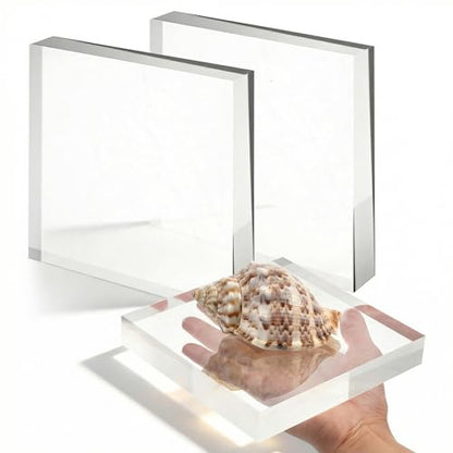 2 Pack 6 x 6 x 1 Inch Clear Acrylic Display Blocks | Polished Square Cube Riser Stand for Jewelry, Collectibles, Trophy, and Cake Decor