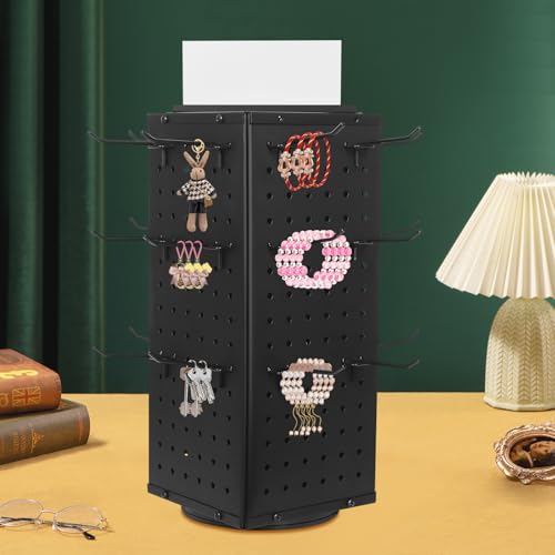 Rotating Pegboard Display Stand with 24 Hooks, 4-Sided Metal Spinner Peg Board Organizer, Countertop Display Rack for Jewelry, Keychains, Craft Supplies, Retail and Trade Shows (Black, 17in,4-Sided) - color: Black, size: 17in,4-Sided