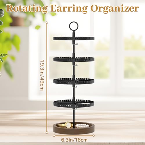 MODOWEY 4 Tier Rotating Earring Holder Organizer Display Tree with Wooden Tray, Adjustable Plastic Stand with 228 Slots for Stud Hoop Hanger, Large Capacity Storage Rack for Women Space Saving, Black - color: Matte Black Brown
