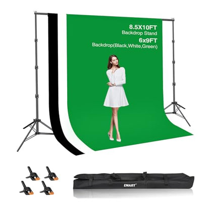 EMART 8.5x10ft Green Screen Backdrop Kit with 6x9ft Polyester Backdrop(Black/White/Green), Adjustable Photography Background Support System for Studio Photography, Parties, Wedding, Video Shooting - size: 8.5x10ft(backdrop stand)/6x9ft(backdrop)