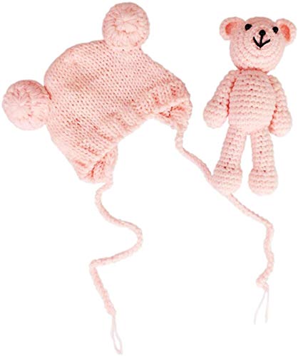 Newborn Baby Photo Shoot Props Boys Girls Crochet Knitted Hat Bear Hat Beanie with Bear Dolls Photography Props - color: Light Pink