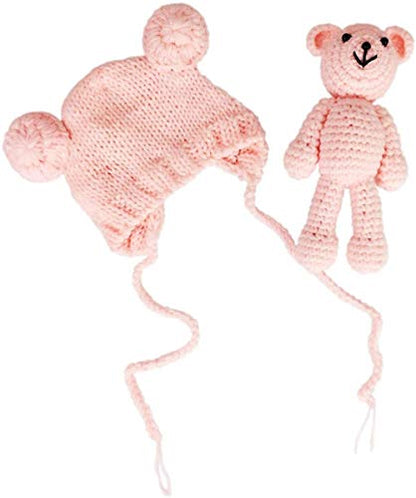 Newborn Baby Photo Shoot Props Boys Girls Crochet Knitted Hat Bear Hat Beanie with Bear Dolls Photography Props - color: Light Pink