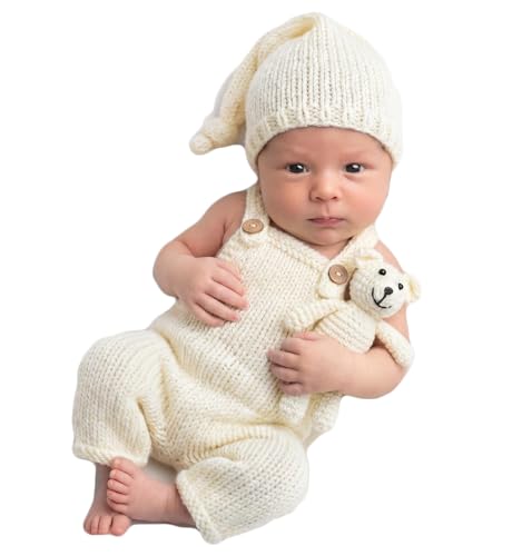 Newborn Photoshoot Outfits Crochet Bear Hat & Romper Set for Baby Boys Girls - Handmade Photo Props Outfits - color: Ivory