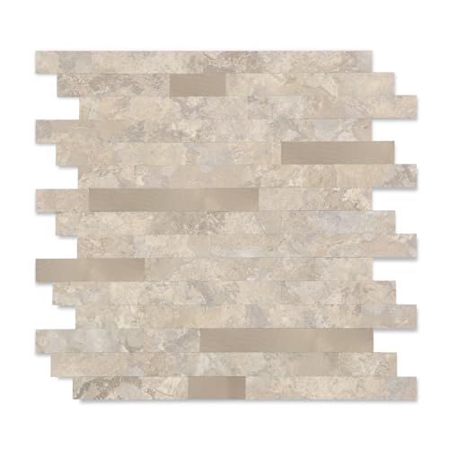 Yipscazo 10 Sheets Peel and Stick Stone Metal Tile Backsplash, Stick on Tiles for Backsplash Kitchen, Bathroom, Laundry Room, Camper, Fireplace (12'' X 12'', Beige Stone with Gold Metal) - color: Beige Stone with Gold Metal