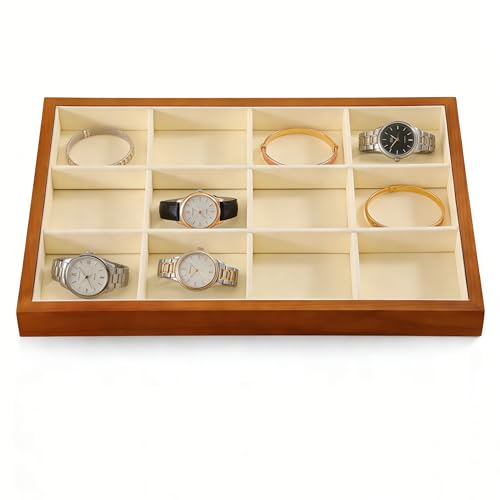 Wood Flat Jewelry Tray 12 Grid Display Wood Divided Organizer Stackable Display Tray Bracelet Bangle Organizer Tray for Rings Earrings Storage Display (13.78" L x 9.45" W x 1.18" H) Old Lace - color: Old Lace, size: Bracelet Tray-W 9.45" x H 1.18"x L 13.7