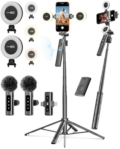 USKEYVISION Vlogging Kit for iPhone&Android,Content Creator Essentials,YouTube Starter Kit w/Wireless Microphone&Remote,68” Auto Face Tracking Tripod for iPhone w/Light for TikTok Video Recording - style: Vlogging Kit-A