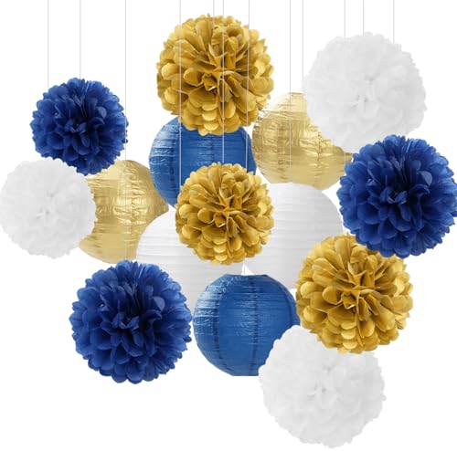Navy-Blue Gold Party-Decorations Paper-Flowers Lanterns - 15PCS Royal White Baby Bridal Shower Tissue Pom Poms Streamers, Bachelorette Birthday Wedding Graduation Hanging Supplies Decor Hugfond - color: Blue White Gold