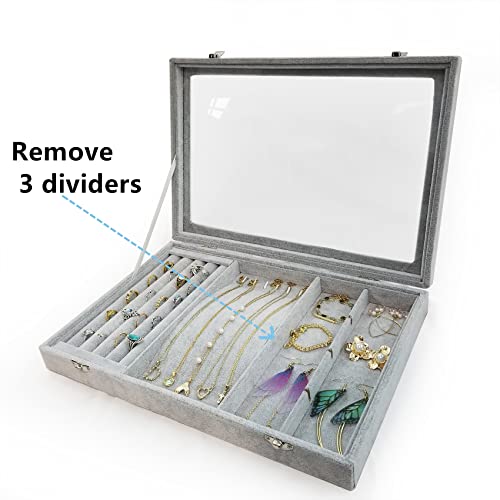 Ice Velvet Jewelry Organizer Box for Women Girlfriend Wife,Clear Lid Earrings Rings Necklace Bracelets Jewelry Tray Storage Case Grey - color: 8 Grids & 5 Slots & 6 Necklace Hooks