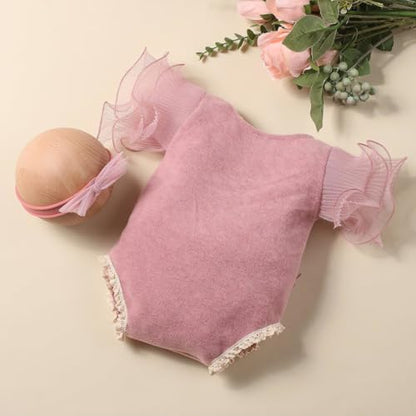 Newborn Photography Outfits Girl, Baby Girl Photo Props, Newborn Photoshoot Ruffles Outfits with Headband - color: Dark Rose