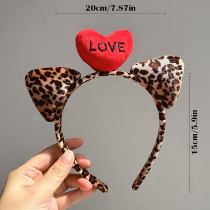Valentine’s Day Headband Leopard Print Cat Ear Hairband Hair Accessories Gift for Date Candlelit Dinner Party Supplies - color: Red