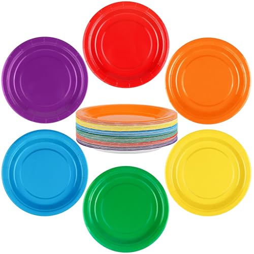 Breroa 72 Pieces Rainbow Paper Plates 7 Inch Bulk Paper Plates Disposable Round Dessert Plates Heavy Duty Solid Color Paper Plates Table Decors Party Supply for Birthday, Dinner, Wedding - color: Rainbow