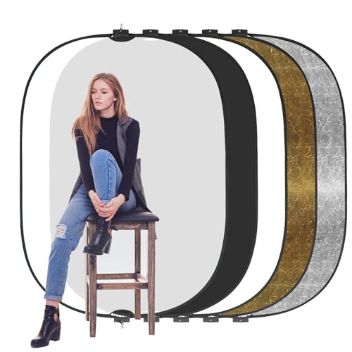 WELLMAKING 5x6.5feet/1.5x2M Reflector Photography, Collapsible Light Reflector with Threaded Handle & tilt Adapter, 5 in 1 Handle Reflector for Lighting -Translucent, Silver, Gold, White and Black - color: 5-in-1 (Translucent, Silver, Gold, White, Black),