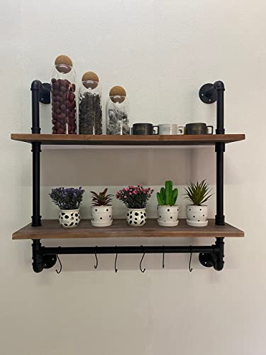 ROGMARS Industrial Pipe Shelving Bathroom Shelves with Towel bar, 30 in Rustic Floating Shelves Pipe Wall Shelf with Hooks for Living Room,Kitchen - color: Rustic Brown, size: 30 Inch 2 Tier