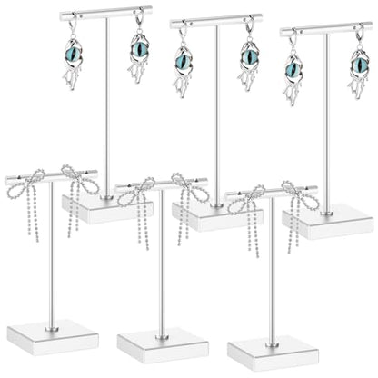 Kigeli 6 Pack Metal T Bar Earring Display Stand Retail Earring Display Holder Detachable Metal Earring Display Storage Rack Jewelry Photography Prop, Square Base, Height 4.3" and 5.1" (Silver) - color: Silver