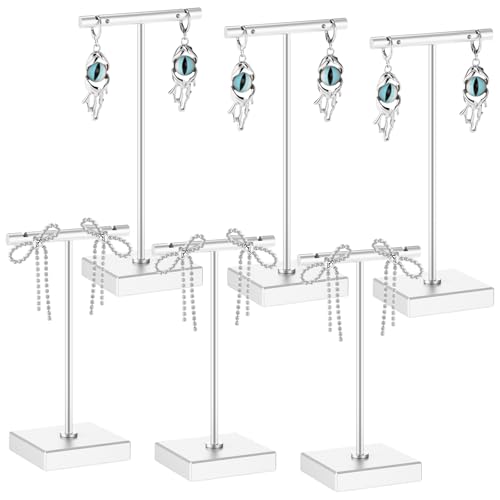 Kigeli 6 Pack Metal T Bar Earring Display Stand Retail Earring Display Holder Detachable Metal Earring Display Storage Rack Jewelry Photography Prop, Square Base, Height 4.3" and 5.1" (Silver) - color: Silver