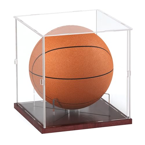 Fitense Basketball Display Case Acrylic Clear, UV Protected Basketball Stand Box Full Size with Solid Wood Base, Soccer Display for Autographed Standard NBA WNBA Ball Memorabilia Keepsake, Ideal Gift