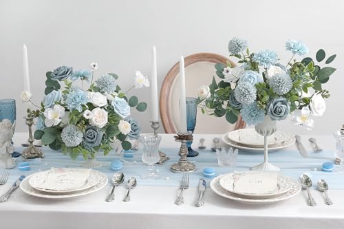 rongflower Artificial Flowers Combo Box Set Gradient Color Flower Leaf with Stems for DIY Wedding Bouquets Centerpieces Baby Shower Party Home Decorations(Dusty Blue) - color: Dusty Blue