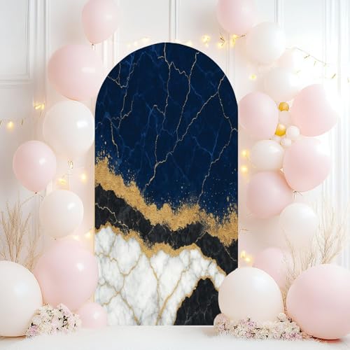 Wedding Arch Backdrop Cover 6.6FT Abstract White Blue Marble Golden Veins Fake Stone Texture Liquid Spandex Fitted Arch Cover Round Top Stands Cover for Birthday Party Ceremony Banquet Decoration - color: Color19, size: 6.6x3 FT