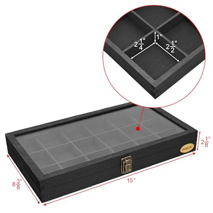 MOOCA Wooden Jewelry Display Case with Tempered Glass Lid & 18 Compartments Tray, Rock Collection Box, Crystal Display Case, Black Color - color: Black