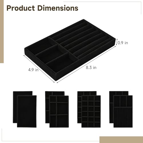 Homaisson Jewelry Drawer Organizer, Velvet Jewelry Tray, Multiple Compartment Layout, Set of 4 Jewelry Organizer for Rings, Earrings, Bracelets, Necklaces (Black) - color: Black