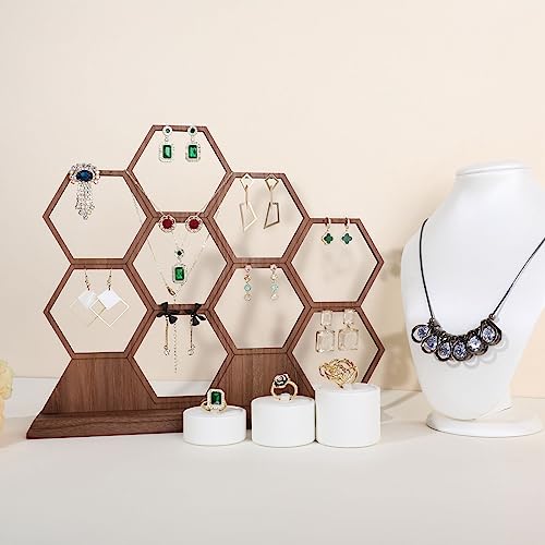 hexagonal jewelry earring display stands for selling, wooden necklace jewelry organizer hanging, walnut earring hanger dangle holder for show, home decor【Jewelry shelf-Hexagon】