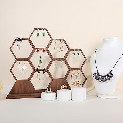 hexagonal jewelry earring display stands for selling, wooden necklace jewelry organizer hanging, walnut earring hanger dangle holder for show, home decor【Jewelry shelf-Hexagon】