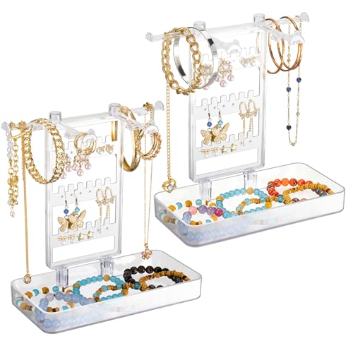 NiHome Acrylic Jewelry Display Stand with Tray – Clear Bracelet & Earring, Necklace Organizer, Space-Saving Jewelry Storage for Vanity & Bedroom - color: 2 PACK
