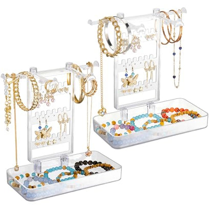 NiHome Acrylic Jewelry Display Stand with Tray – Clear Bracelet & Earring, Necklace Organizer, Space-Saving Jewelry Storage for Vanity & Bedroom - color: 2 PACK