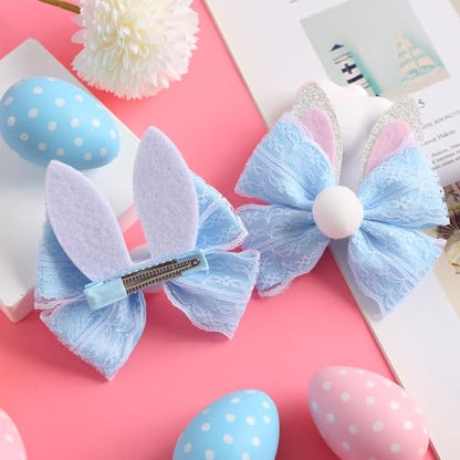 2PC Easter Bunny Ears Hair Bow Clips 4 Inch Rabbit Hair Accessories Spring Party Supplies Blue - color: Blue