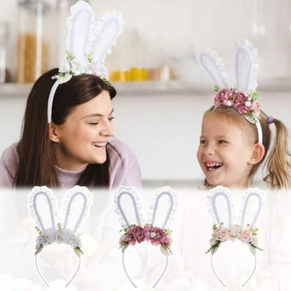 Easter Flower Bunny Ears Headband for Women Girls Easter Hairband Flower Rabbit Ears headband - color: White