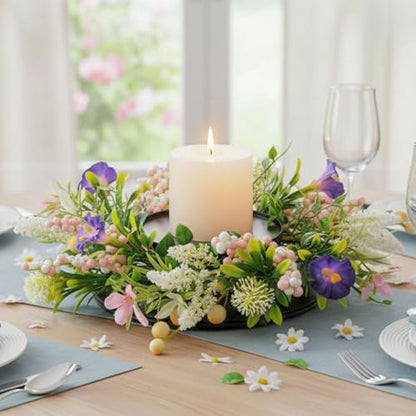 MOYEE Candle Holder Centerpieces for Tables,Candle Ring,Wreaths, Black Metal Candle Stick Paired Artificial Flowers 14 in Versatile Dining Table Centrepiece - color: Purple Trumpet Flower Wreath