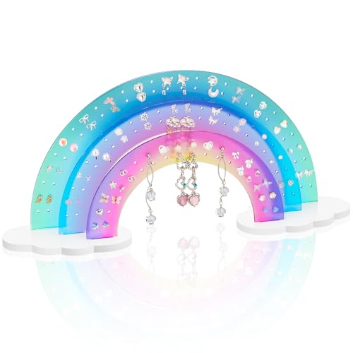NiHome 3-Tier Acrylic Rainbow Earring Organizer, 14" W x 6.3" H Lightweight and Durable Design 140 Holes for 70 Pairs, Unique Front Row for Special Earrings (Blue-Purple Gradient Colors) - color: Blue-Purple Gradient Colors