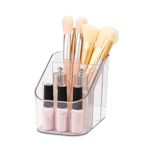 DASITON 3 Slots Makeup Brush Holder, Acrylic Make Up Brush Holder Organizer for Vanity, Bathroom Countertop, Small Makeup Organizer Brush Cup Cosmetic Brushes Storage, Pen Holder for Desk (Clear S) - color: Clear, size: S