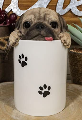 Ebros Gift Ceramic Hungry Pug Dog With Tongue Out Hiding and Peeking Dry Storage Jar With Paw Prints 6" Tall Decorative Earthenware Accessory Figurine As Decor of Pets Dogs Pugs