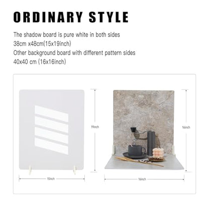 BEIYANG 4PCS 16x16 Inch Backdrop Boards and 1PCS 15x19 Inch Window Shadow Pane, Perfect Backdrop Kit for Small Product Such as Food Drink Make-up Flower, Durable Waterproof - color: 4 Patterns + Shadow Pane 16x16