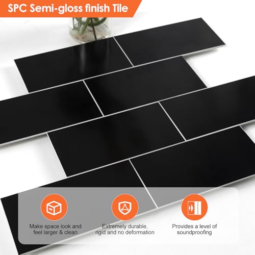 10- Sheet Polished Black Peel and Stick Backsplash, 12’’Luxury Ceramic Look Self Stick Subway Tiles, Waterproof Peel and Stick Wall Tiles for Kitchen and Bathrrom - color: Black
