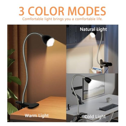 Desk lamp Eye-Caring Table Lamps, 360°Rotation Gooseneck Clip on Lamp Reading Light, Portable Reading Book Light, Clamp Light, Study Desk Lamps for Bedroom and Office Home Lighting (Black with Dimmer) - color: Black with Dimmer