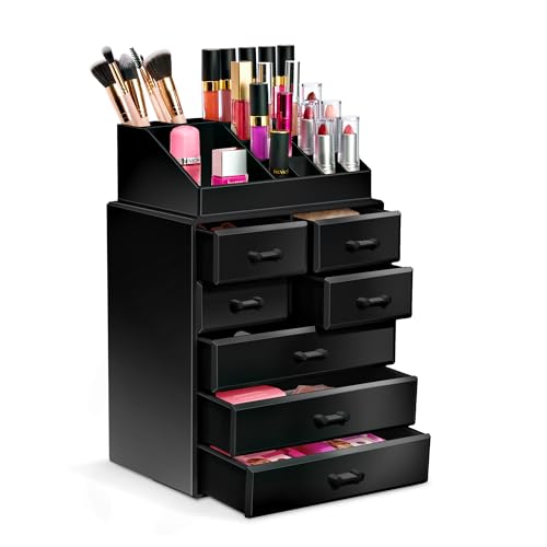 Sorbus Makeup Organizer, Brush Holder and Make Up Storage Drawers - Acrylic Makeup organizer for vanity, Bathroom - Cosmetic Display Cases with 3 large, 4 Small Drawers & 1 Tray for Makeup Brush - color: Black, size: Extra Large