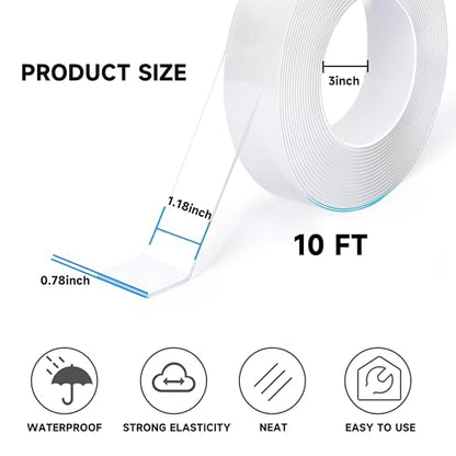 Double Sided Tape Heavy Duty Removable 10FT Clear Nano Tape Adhesive Mounting Tapes for Wall Decor,Hanging Picture, Poster, Carpet, Photo Deco - size: 10FT