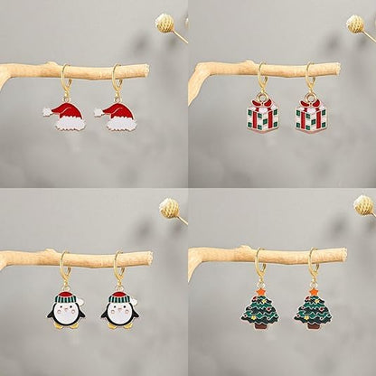 16 Pairs Christmas Reindeer Santa Hoop Earrings for Women Unique Winter Xmas Tree Snowflake Bow Bell Snowman Penguin Earrings Christmas New Year Jewelry Gifts - style: Gift