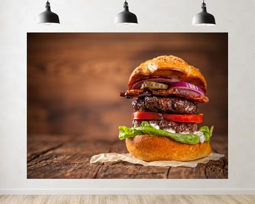 Trykid 20x10ft Double Patty Bacon Burger Backdrop Rustic Wood Fresh Veggie Scene Photography Background Food Festival BBQ Gathering Party Decoration Tapestry Photo Booth Prop Fabric - size: 20x10ft