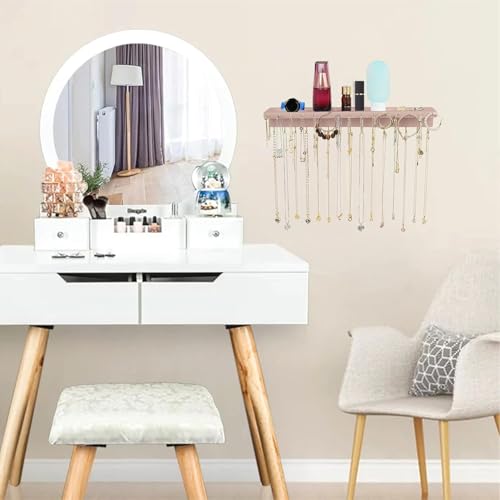 YYILIS Necklace Holder, Upgraded Extra Large Wall Necklace Organizer with 30 Hooks Wall Mounted Necklace Hanger with Jewelry Tray/Cosmetics Shelf Rustic Pine Wood Holder (Pink) - color: Pink