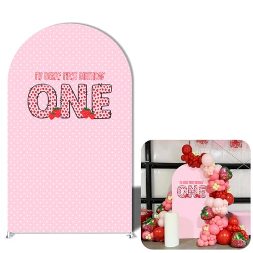 Pink Strawberry Stretchy Arch Cover Backdrop Photo Booth Background Birthday Baby Shower Baptism Party Decoration Curved Top Frame Spandex (GX-2666,6.5x3.3ft) - color: GX-2666, size: 6.5x3.3ft